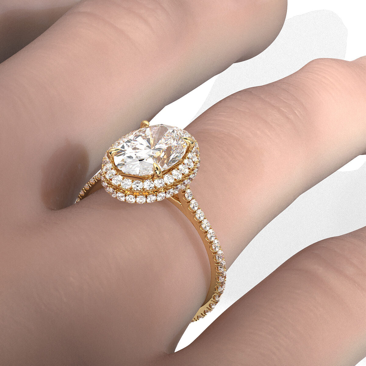 French U Cut Pave Set Double Halo Lab Grown Oval Diamond Engagement Ring